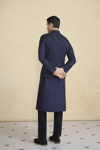 Banshik Hand-embroidered Silk Nehru Jacket - Navy